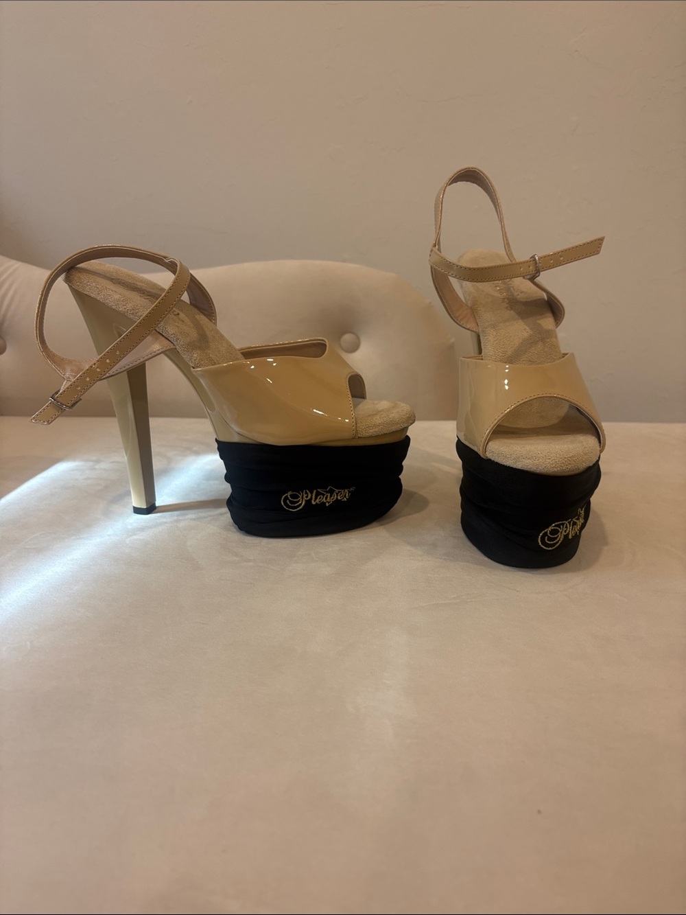 Pleaser Nude Patent Leather Platform Peep-Toe Heels with Black Platforms